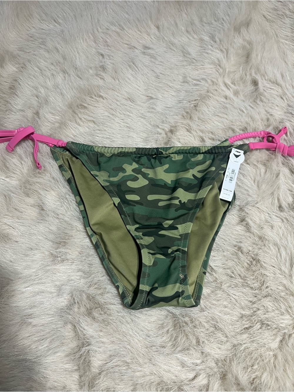 PINK Victoria's Secret Green Camo Bikini Bottom with Hot Pink Ties